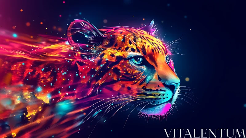 Neon stardust leopard streaks through a liquid spectrum night