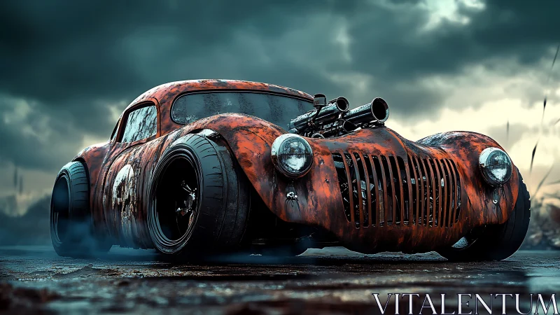 Rusty hot rod coupe with exposed engine on wet road.