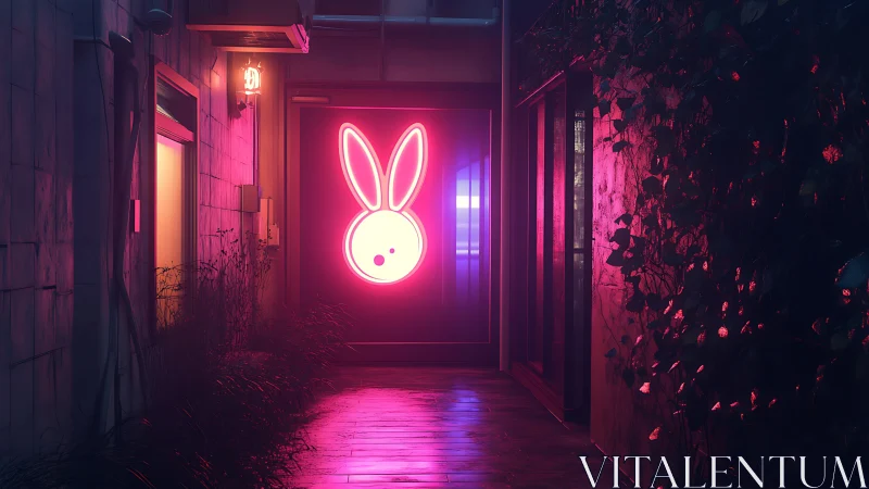 Neon bunny sign glowing in narrow alley at night.