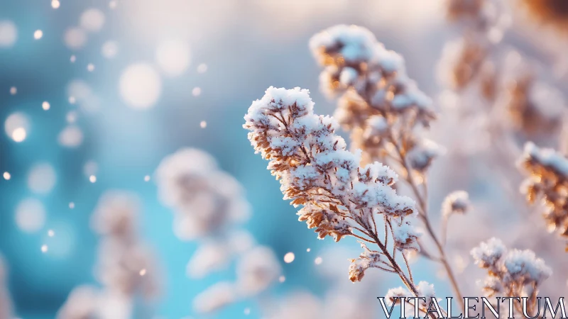 Frost-laden plants against glowing blue winter backdrop.