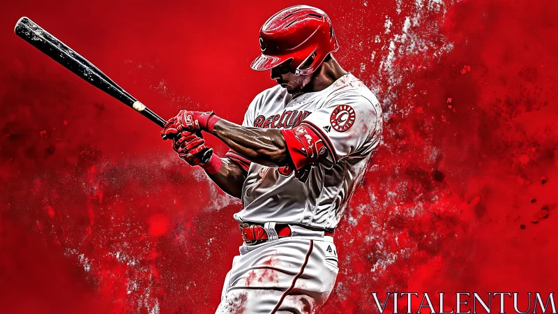 Powerful baseball swing erupts in bold red energy