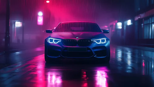 Neon-lit sports car glows on a rainy cyberpunk city street.