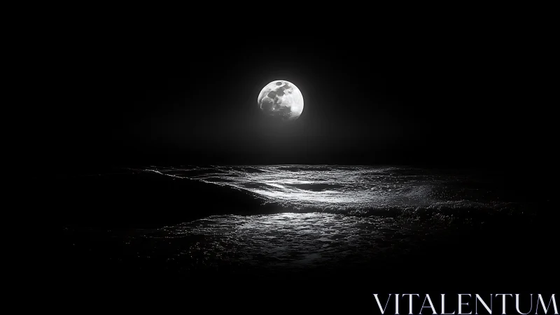 Full moon casts silvery light across dark ocean waves.