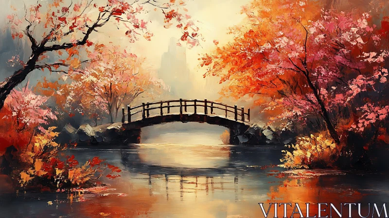 Autumn bridge glows above a tranquil misty woodland river