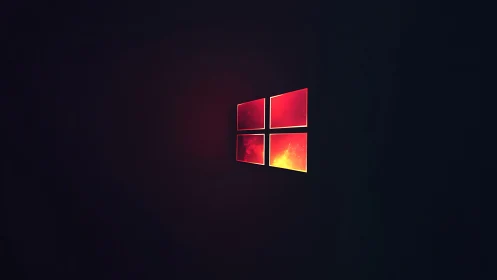 Minimalist red window logo on dark negative space background.