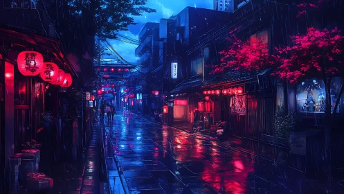 Rain-soaked neon alleyway captures cinematic nocturnal atmosphere