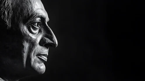 Bronze profile bust in stark side light against black void.