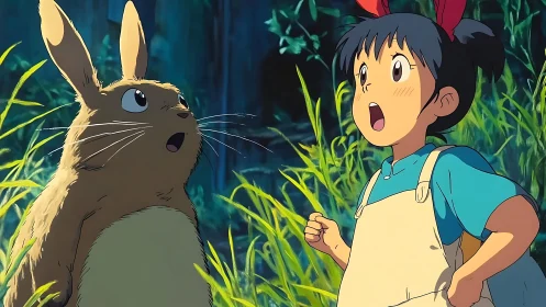 Forest gasp between wide-eyed girl and bewildered creature.