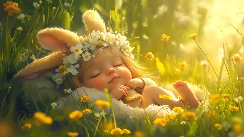 Luminous meadow infant with lapine ears in golden bokeh field.