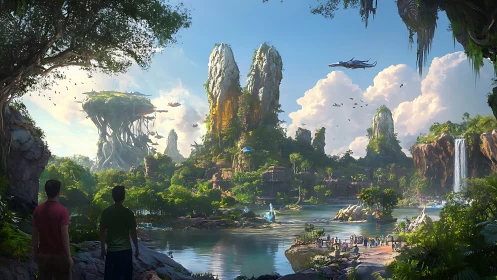 Fantastical landscape with towering rock formations and populated waterway