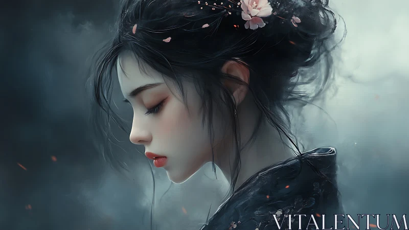 Profile portrait of young woman with floral hair adornment.