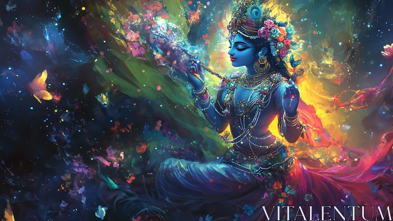 Digital depiction shows blue-skinned adorned figure amid light