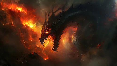 Infernal wyrm erupts from molten storm of fire and shadow.