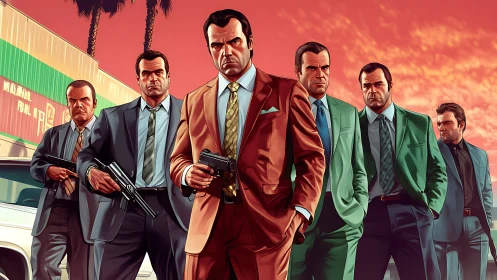 Digital painting of suited gunmen in cinematic formation.