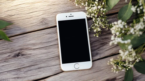 White smartphone positioned on weathered wooden surface with floral arrangement