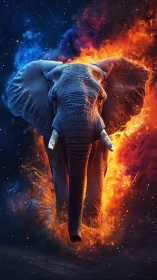 Cosmic elephant emerges between blazing fire and cool nebula.