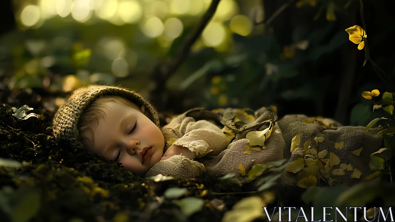 Slumbering cherub nestled within nature's golden embrace.
