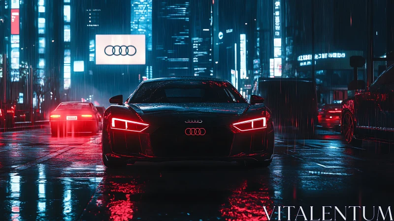 Neon storm prowler: red Audi stalks a rainlit cyber city.