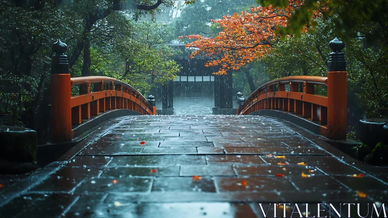 Rain-soaked vermilion bridge in a hush of autumn mist.