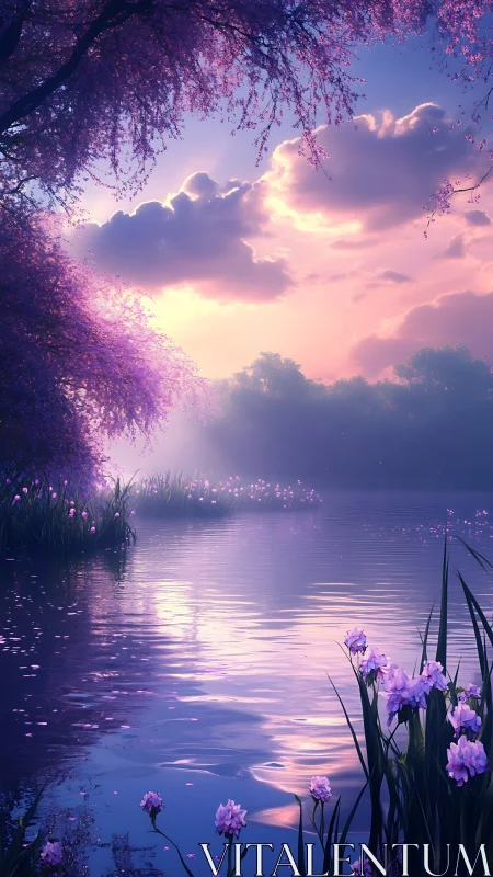 Twilight lake with purple foliage under clouded sunset sky.