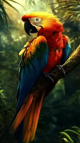 Scarlet macaw perched on branch in dense tropical forest.