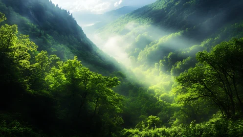 Verdant Cathedral: Morning Light Penetrates Misty Mountain Sanctuary.