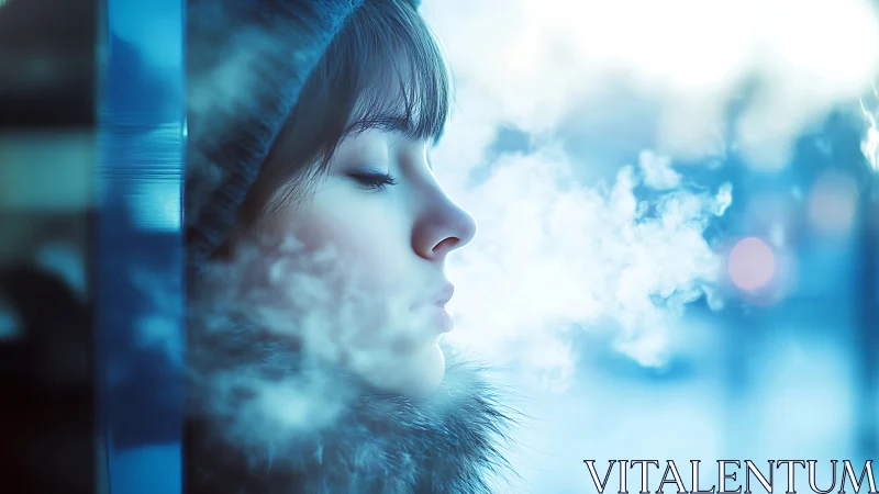 Young woman exhaling breath in cold winter air, dreamy blue tones.