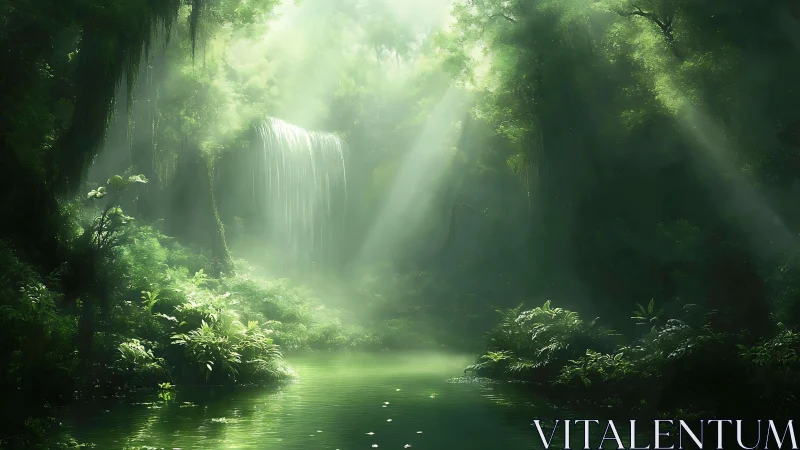 Luminous Waterfall in Emerald Forest Sanctuary