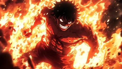 Bare-chested anime fighter charges forward through firestorm