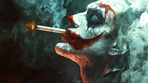 Painted trickster exhales quiet chaos through burning smoke