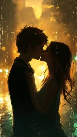 Silhouetted Figures Exchanging Intimacy Against Luminous Urban Cityscape Backdrop