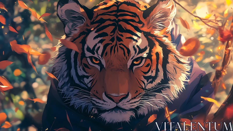 Autumn-lit tiger portrait uses shallow focus and dynamic bokeh