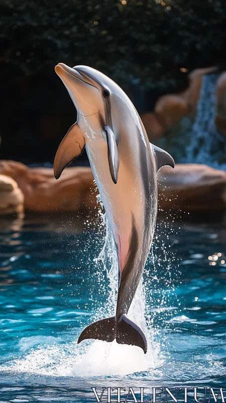 Leaping bottlenose dolphin above sunlit turquoise pool.