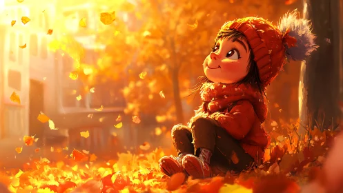 Small autumn dreamer studies sunlight through falling leaves