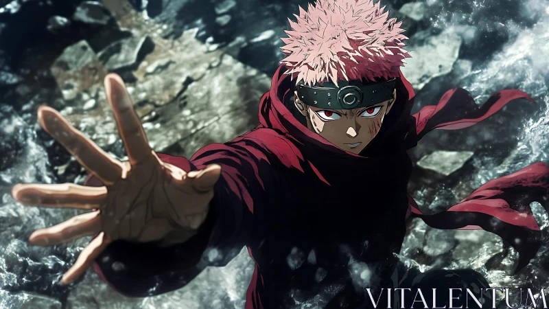 Fierce anime hero reaches forward through swirling chaos