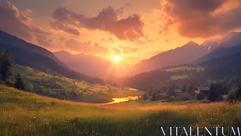 Sunset over quiet valley cottages and glowing river bend.