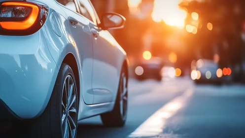 White car rear view on city street at warm sunset.