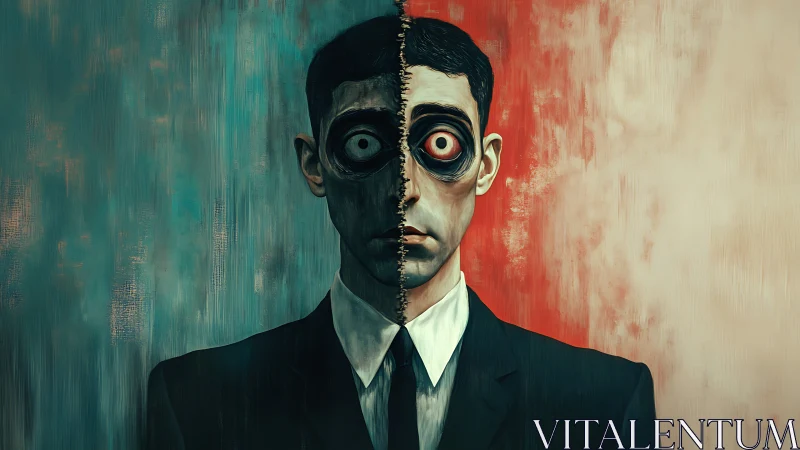 Split portrait illustrates dual psychological states via stark color fields