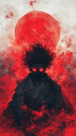 Mystic warrior rises in red smoke beneath a burning sun.