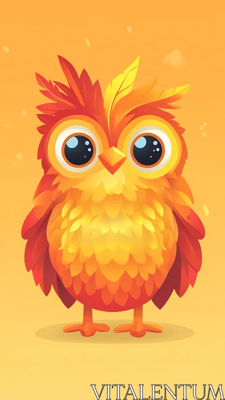 Cartoon owl with fiery feathers on warm orange background.
