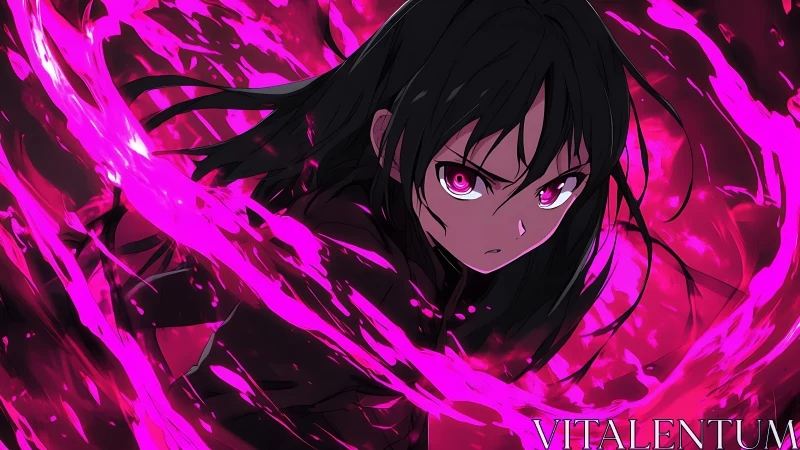 Dark-haired anime mage wields intense neon pink energy