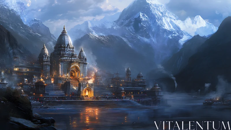 Mountain temple fortress glows against towering snowy peaks.