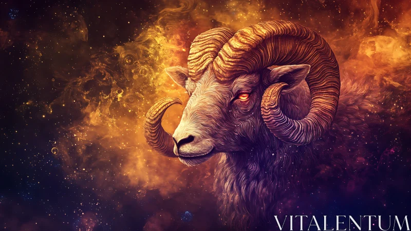 Fiery cosmic ram portrait within swirling nebula space.