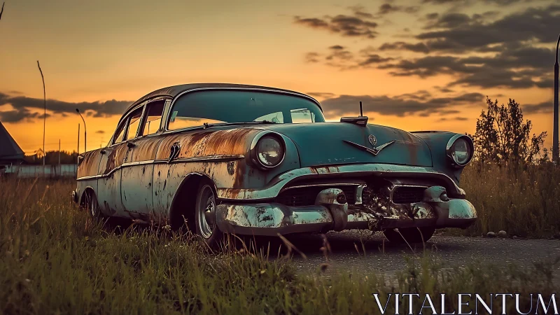 Golden hour rests on a weathered classic car in tall grass