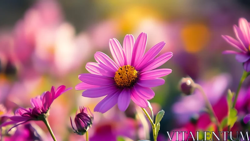 Vibrant pink daisy blooming among blurred garden flowers