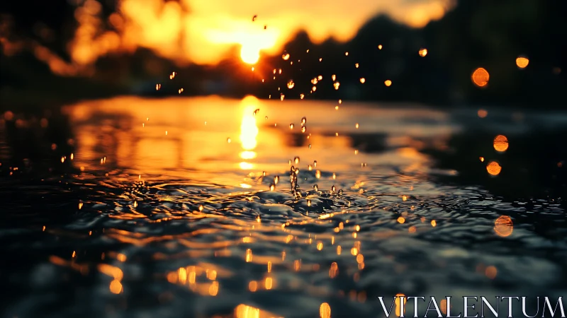 Sunlit water splash with glowing sunset reflections.