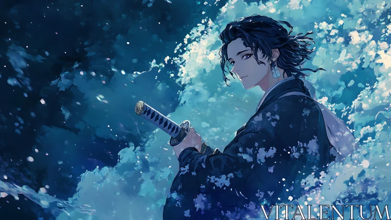 Samurai swordsman in teal bokeh field with dynamic atmospheric particles