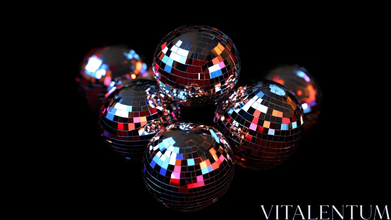 Clustered mirrored disco spheres reflect vivid neon light