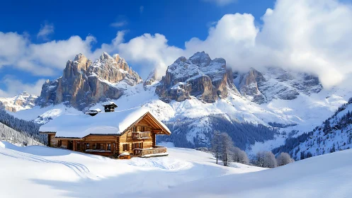 Snowbound alpine chalet below dramatic winter peaks.