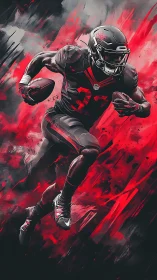 Football player sprints forward through red abstract streaks